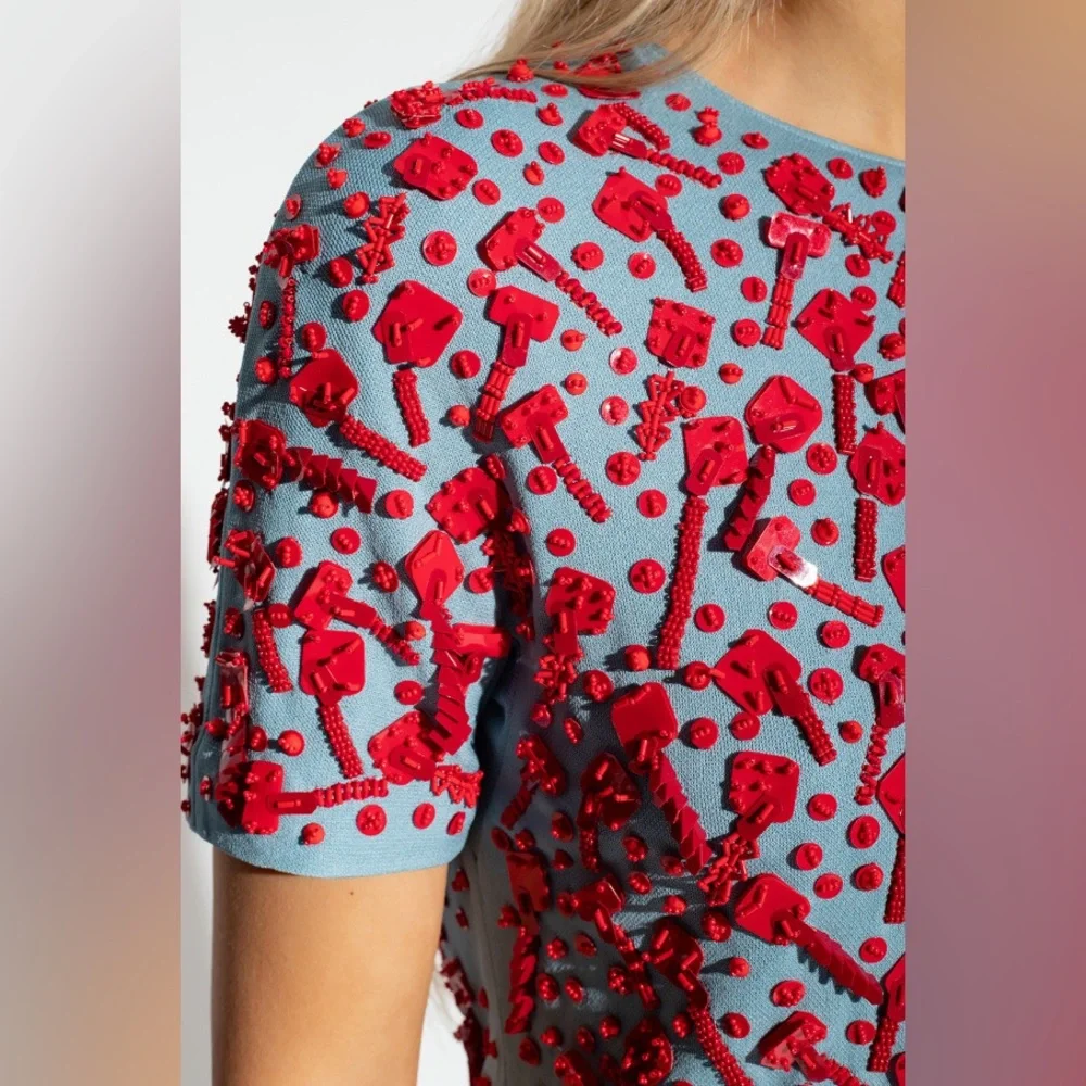 NWT $1298 Tory Burch Embellished Crewneck Top In Blue